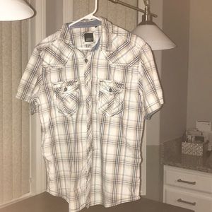 Brown white and blue short sleeve shirt